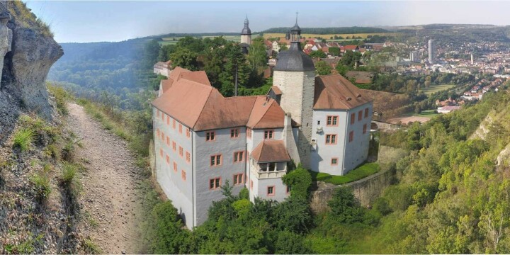 Collage aus Weg entlang der Saale Horizontale und Blick auf das Alte Schloss der Dornburger Schlösser